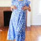 Love Found Sky Blue Abstract Print Tiered Smocked Ruffle Sleeve Maxi Dress