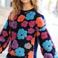 Feeling Joyful Navy & Fuchsia Embroidered Sherpa Flower Pullover