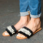Black Linen Fray Beaded Faux Pearl Slide Sandal