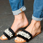 Black Linen Fray Beaded Faux Pearl Slide Sandal