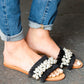 Black Linen Fray Beaded Faux Pearl Slide Sandal