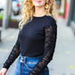 Can't Help But Love Black Shirred Velvet Mesh Blouse