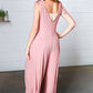 Dusty Rose Rib Knit Tie Shoulder Pocketed Jumpsuit