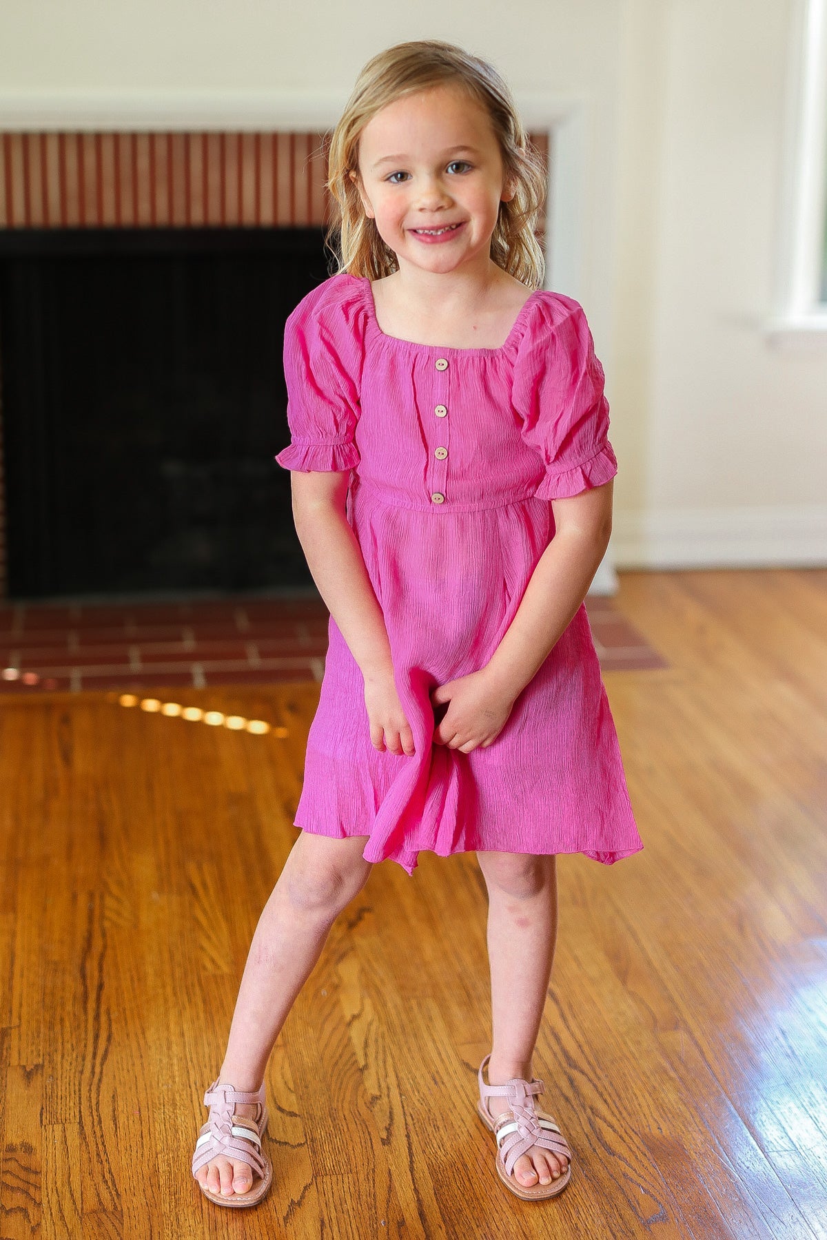 Kids Adorable Dark Rose Button Square Neck Ruche Dress