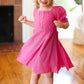 Kids Adorable Dark Rose Button Square Neck Ruche Dress