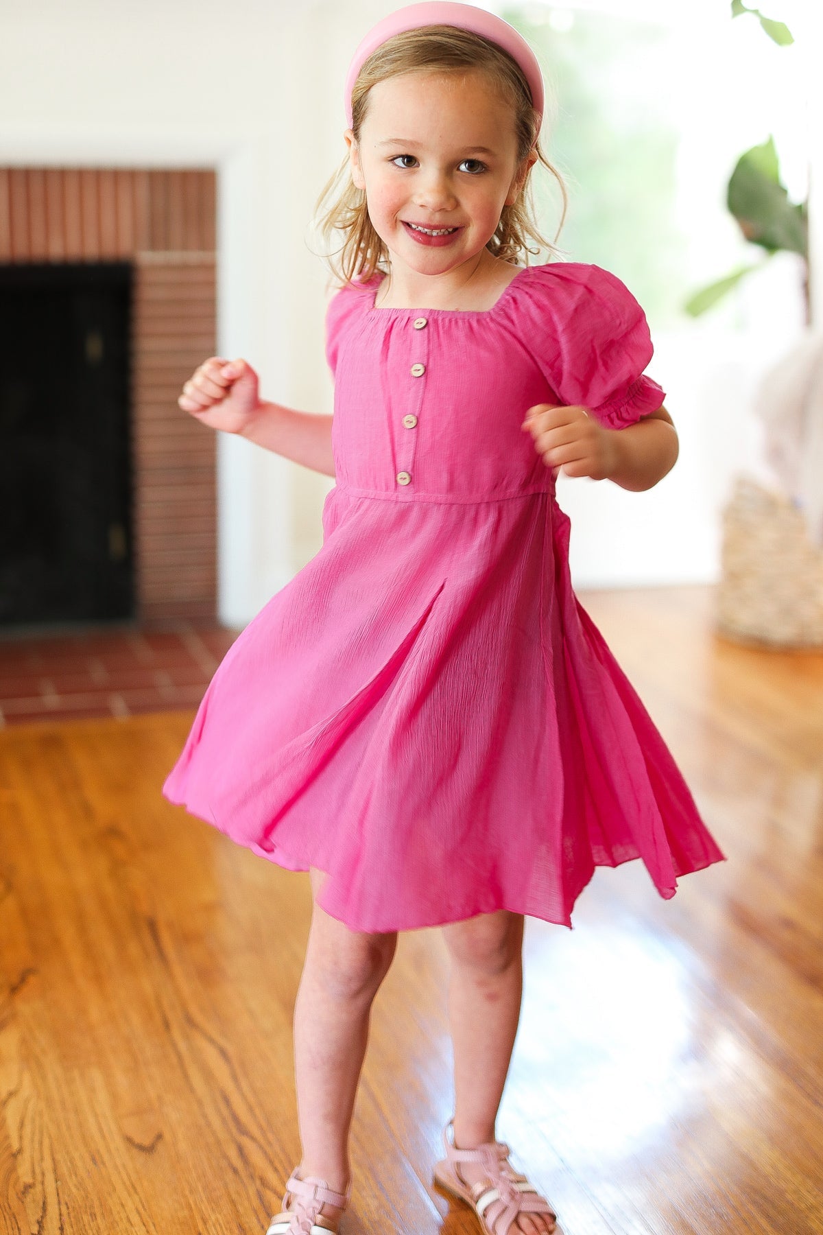 Kids Adorable Dark Rose Button Square Neck Ruche Dress