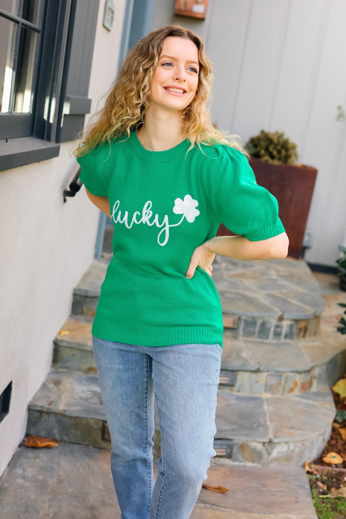 Lucky Lady Shamrock Green Sequin Puff Sleeve Knit Top