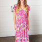 Fuchsia & Yellow Floral Elastic Waist Ruffle Midi Dress