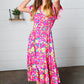 Fuchsia & Yellow Floral Elastic Waist Ruffle Midi Dress