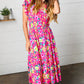 Fuchsia & Yellow Floral Elastic Waist Ruffle Midi Dress
