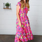 Fuchsia & Yellow Floral Elastic Waist Ruffle Midi Dress