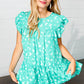 Teal Floral Yoke Flutter Sleeve Keyhole Back Top