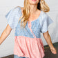 Blue & Pink Polka Dot Floral Tie Front Babydoll Top
