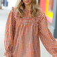 Adorable in Gingham Rust Shirred Mock Neck Top