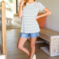 Get To It Ivory & Pink Merrow Stitch Ruffle Sleeve Stripe Top