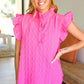 Glamorous In Hot Pink Textured Ruffle Mock Neck Top