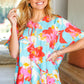 Weekend Ready Aqua & Coral Floral V Neck Woven Top