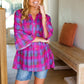 Back To Basics Fuchsia Plaid Notched Neck Babydoll Top