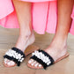Black Linen Fray Beaded Faux Pearl Slide Sandal