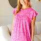 Look Of Love Fuchsia Floral Yoke Ruffle Short Sleeve Top