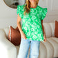 All The Frills Kelly Green Floral Smocked Ruffle Sleeve Top