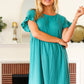 Summer Days Teal Waffle Knit Ruffle Sleeve Babydoll Dress