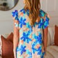 Tropical Breeze Turquoise Floral Banded V Neck Flutter Sleeve Top