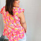 Pink Floral Yoke Flutter Sleeve Keyhole Back Top