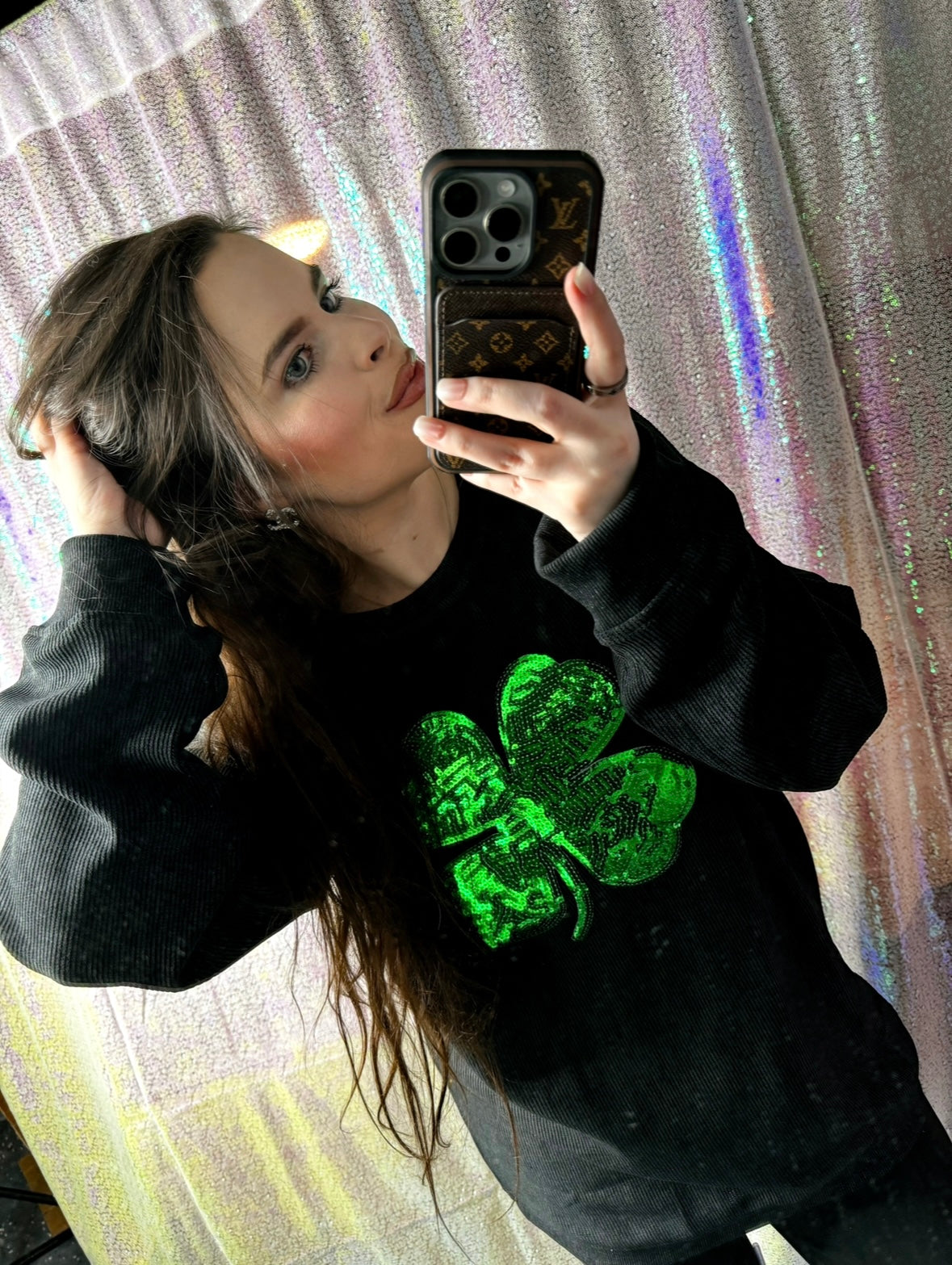 S-XXL Black Sequin Shamrock Corded Crew