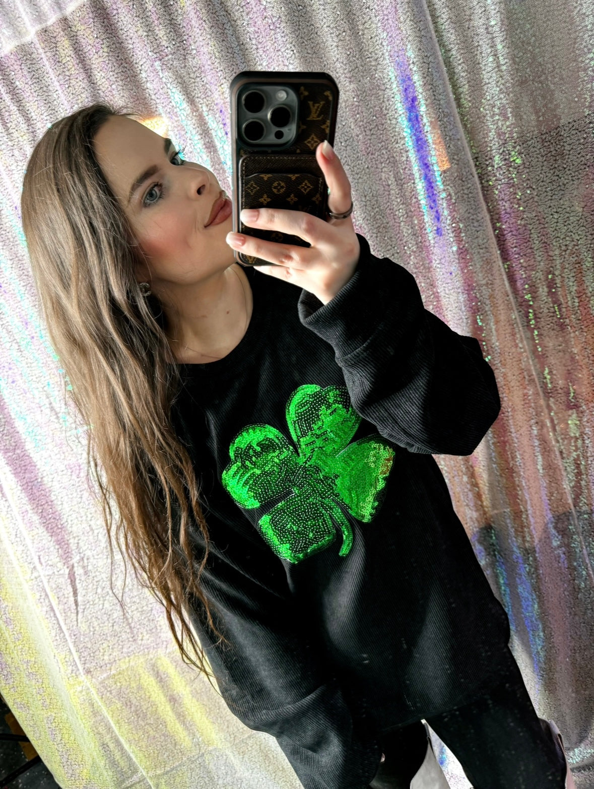 S-XXL Black Sequin Shamrock Corded Crew