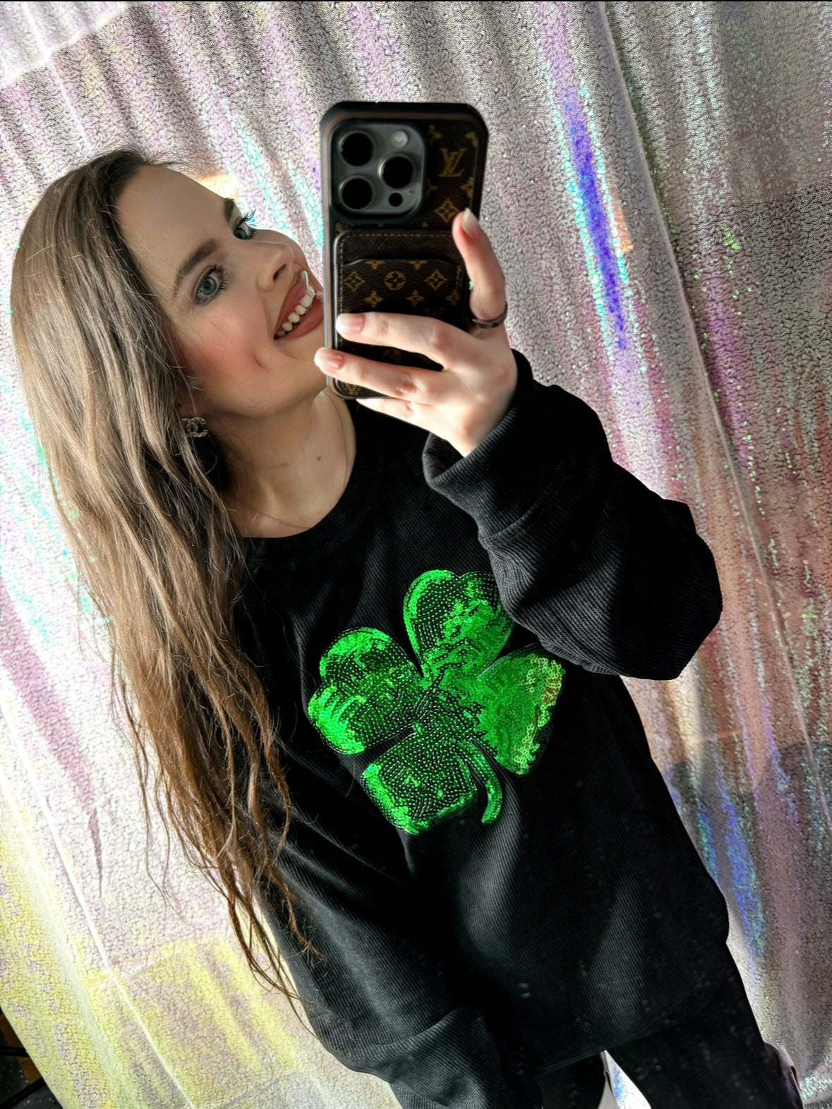 S-XXL Black Sequin Shamrock Corded Crew