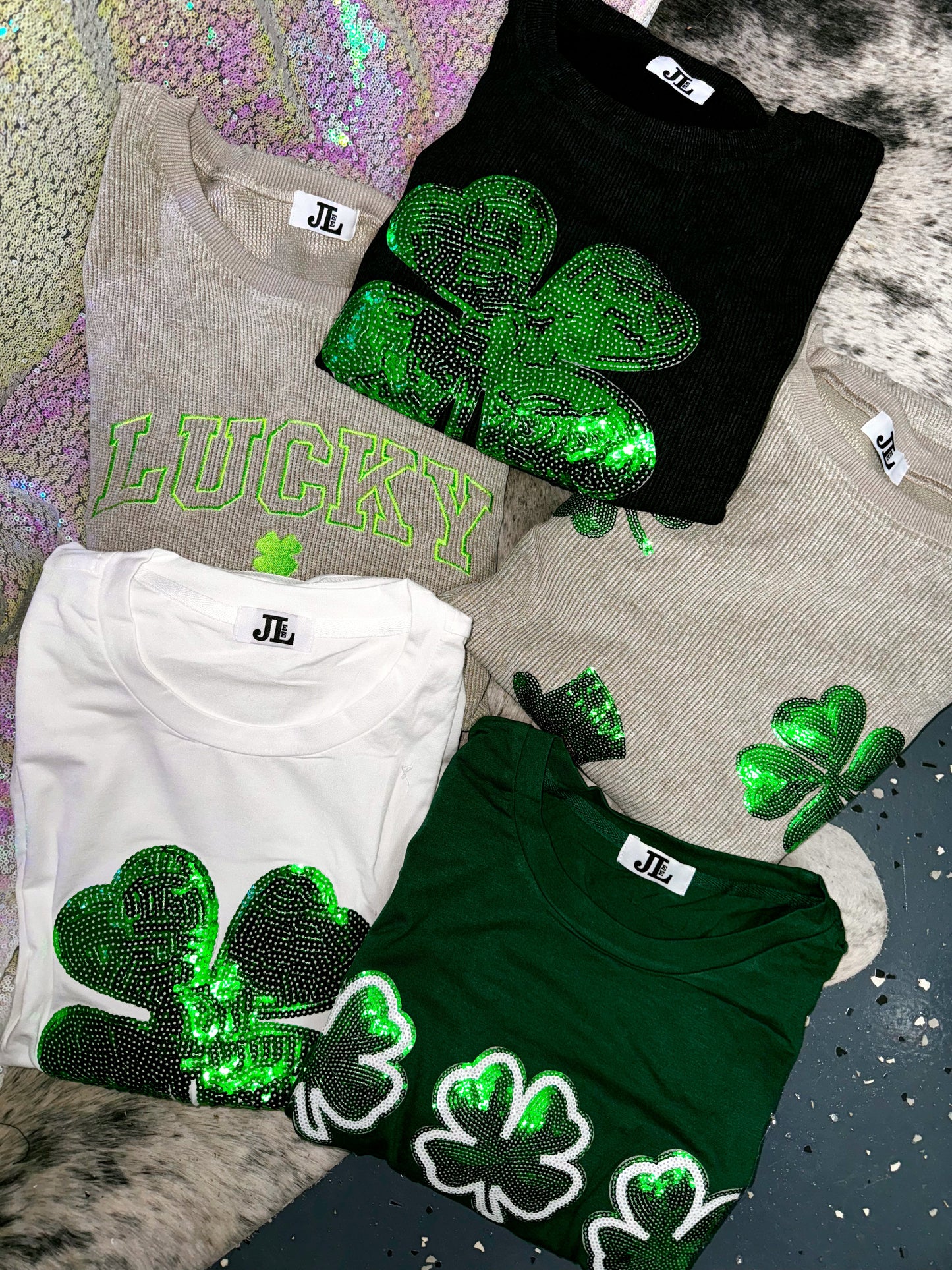 S-XXL Black Sequin Shamrock Corded Crew