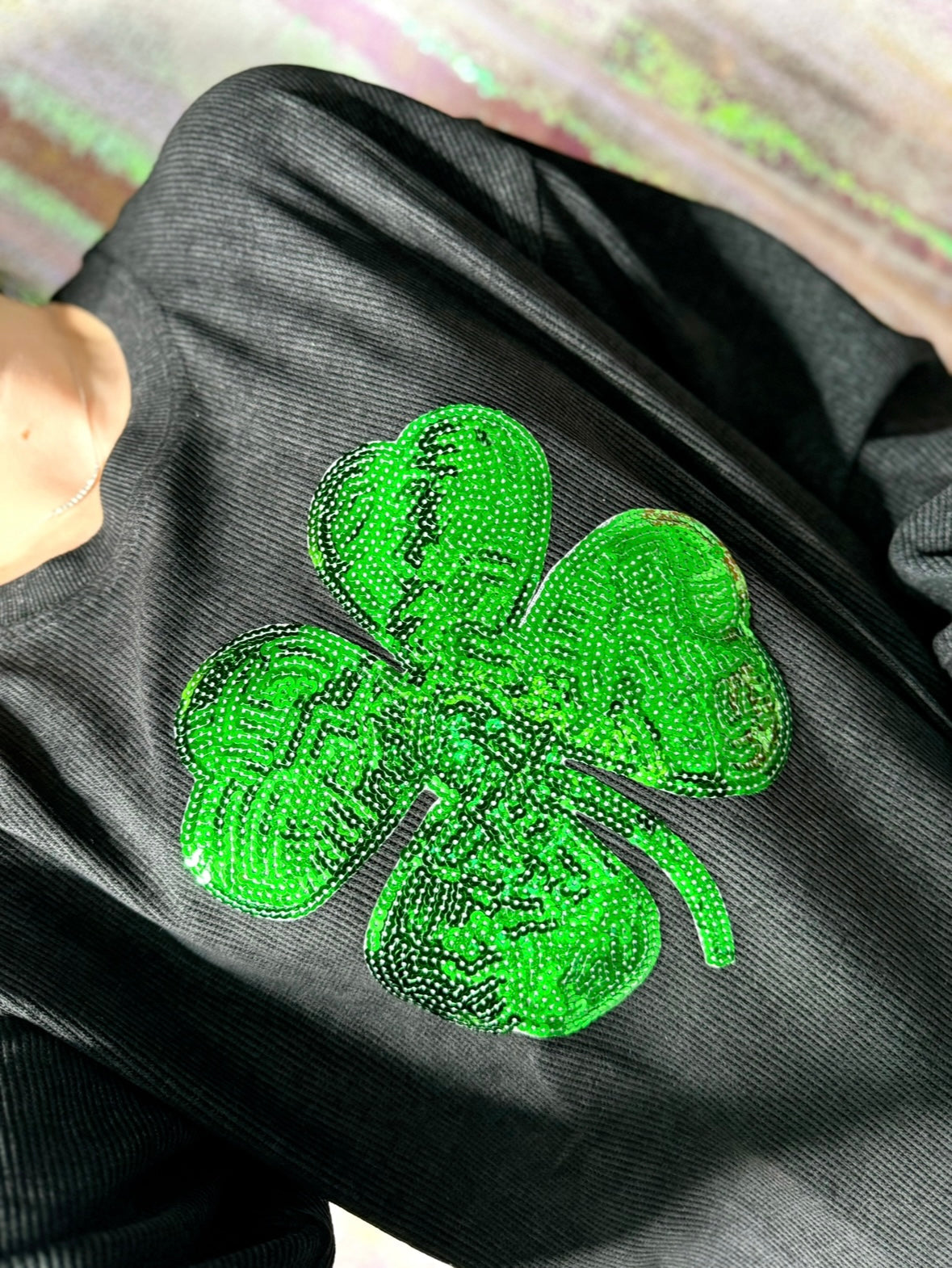 S-XXL Black Sequin Shamrock Corded Crew