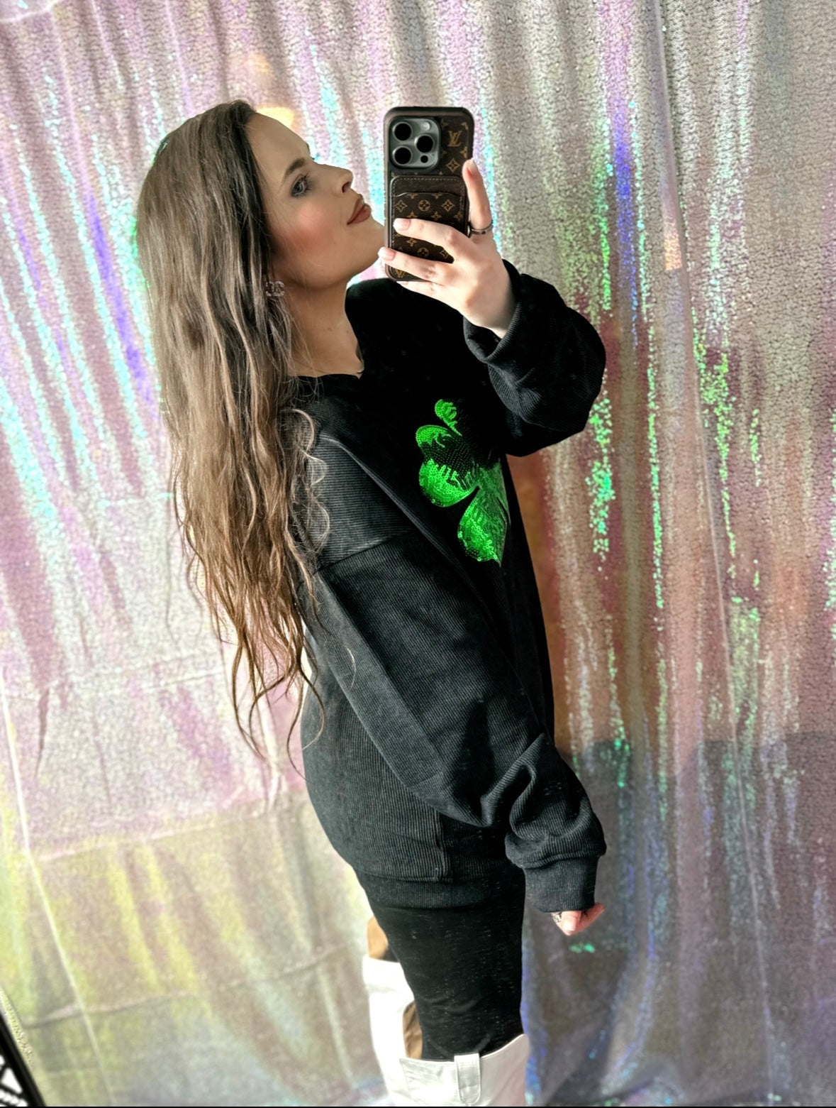 S-XXL Black Sequin Shamrock Corded Crew