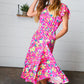 Fuchsia & Yellow Floral Elastic Waist Ruffle Midi Dress