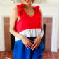 Holiday Ready Red White & Blue Color Block Shoulder Tie Romper