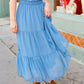 Look of Love Denim Blue Smocked Waist Tiered Chiffon Skirt