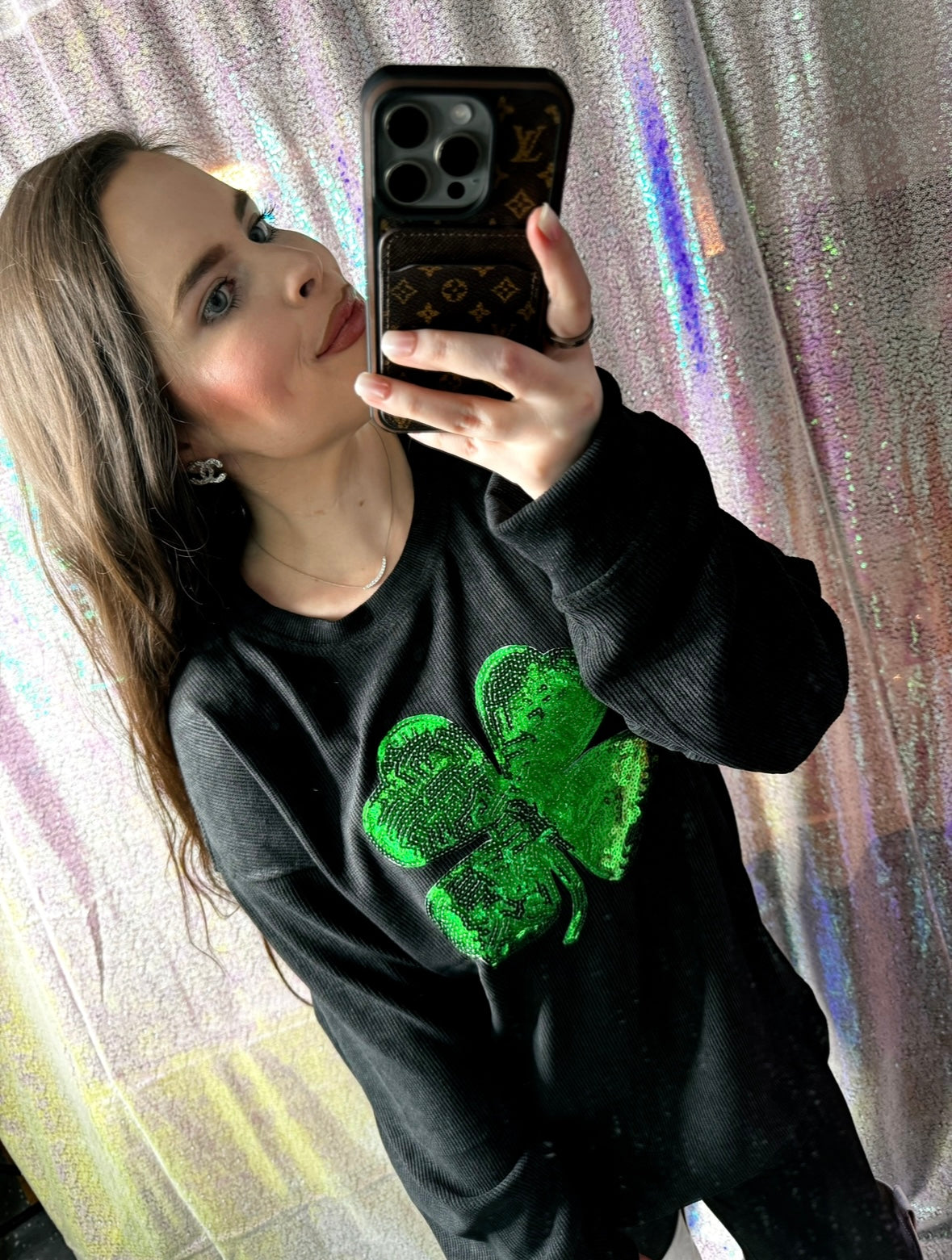 S-XXL Black Sequin Shamrock Corded Crew