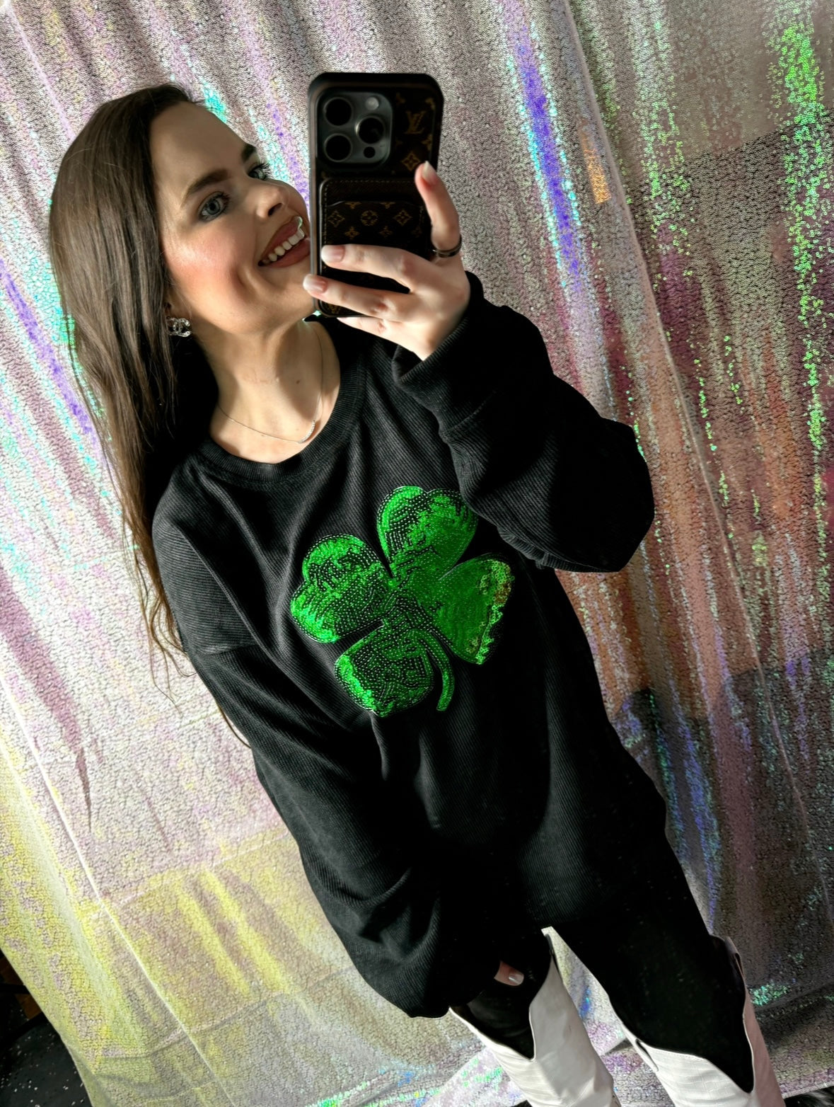 S-XXL Black Sequin Shamrock Corded Crew