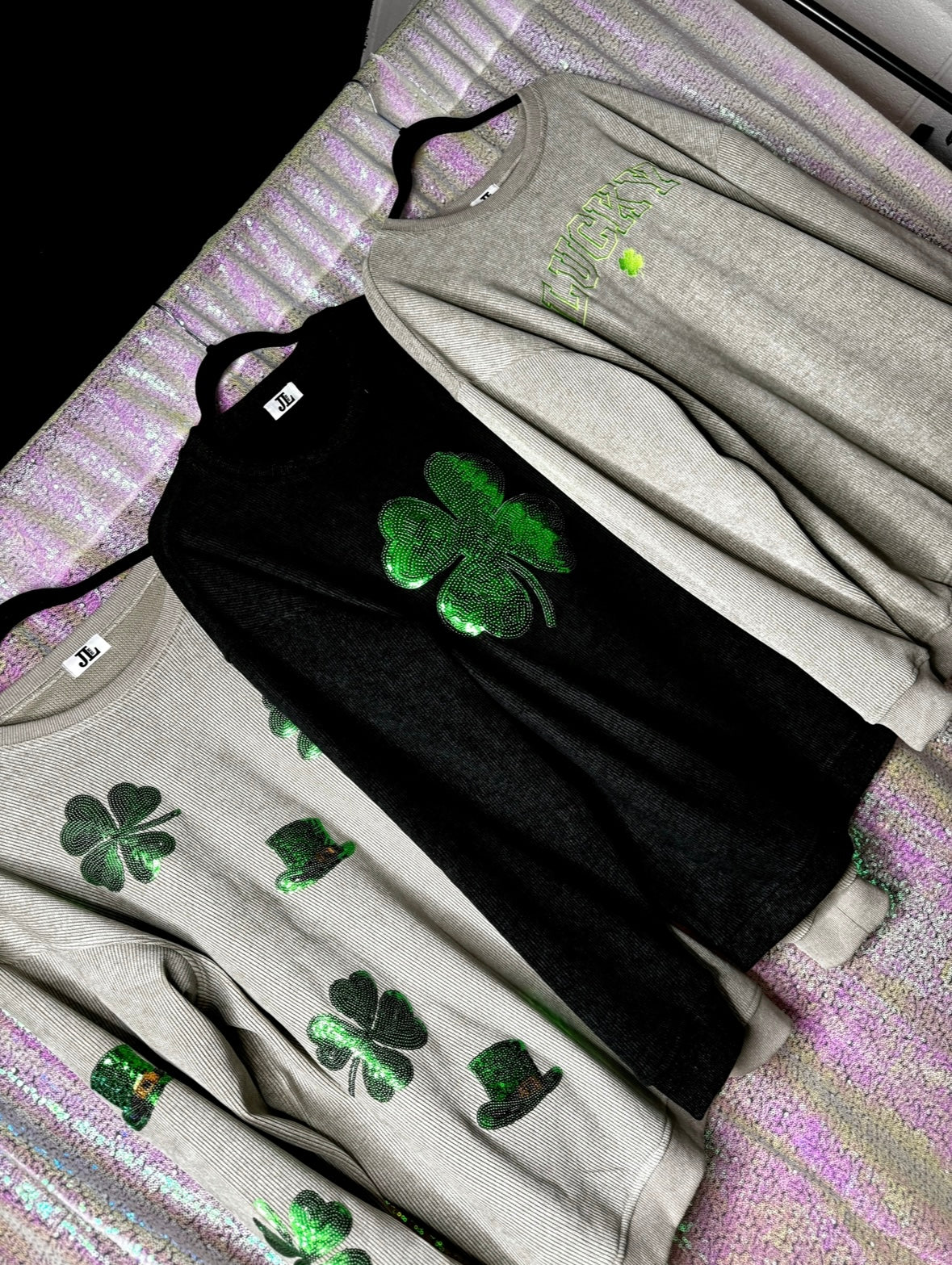 S-XXL Black Sequin Shamrock Corded Crew