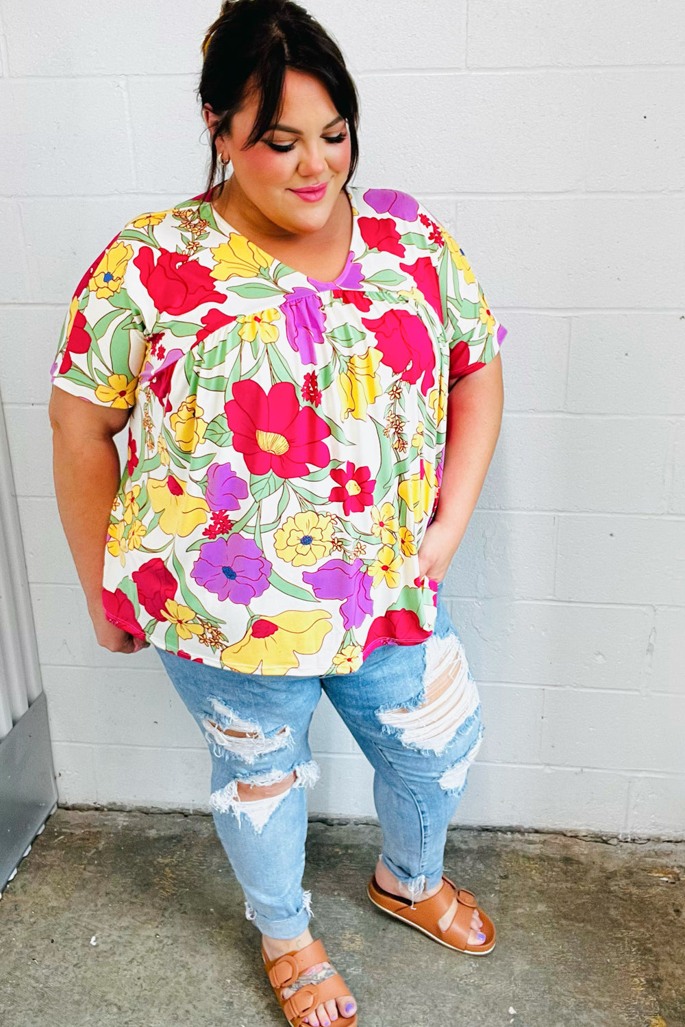 Multicolor Floral V Neck Dolman Top