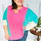 Stand Out Hot Pink & Mint V Neck Collared Terry Color Block Top