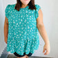 Teal Floral Yoke Flutter Sleeve Keyhole Back Top