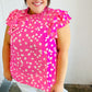 Hot Pink Floral Mock Neck Double Flutter Sleeve Top
