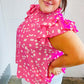 Hot Pink Floral Mock Neck Double Flutter Sleeve Top