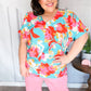 Weekend Ready Aqua & Coral Floral V Neck Woven Top