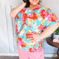 Weekend Ready Aqua & Coral Floral V Neck Woven Top