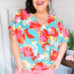 Weekend Ready Aqua & Coral Floral V Neck Woven Top