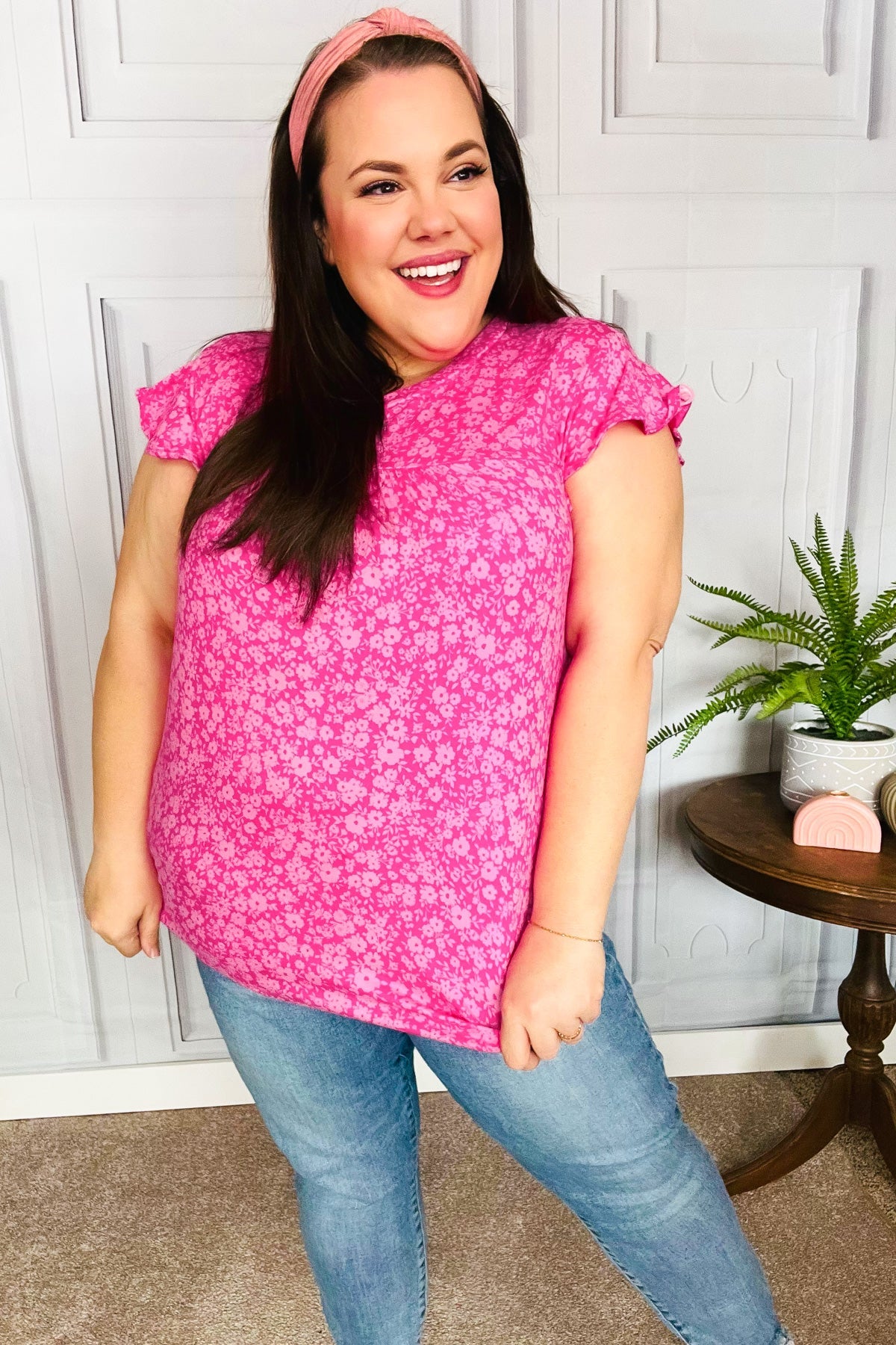 Look Of Love Fuchsia Floral Yoke Ruffle Short Sleeve Top