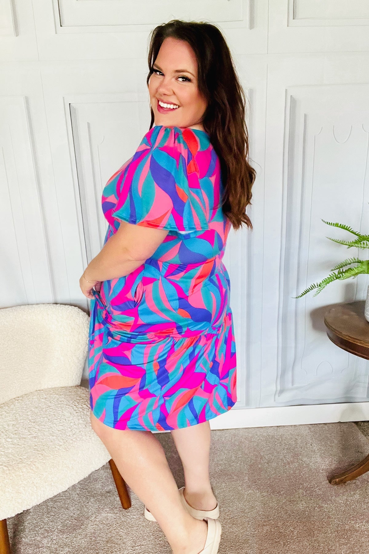 Remember Me Blue & Fuchsia Geo Print V Neck Dress